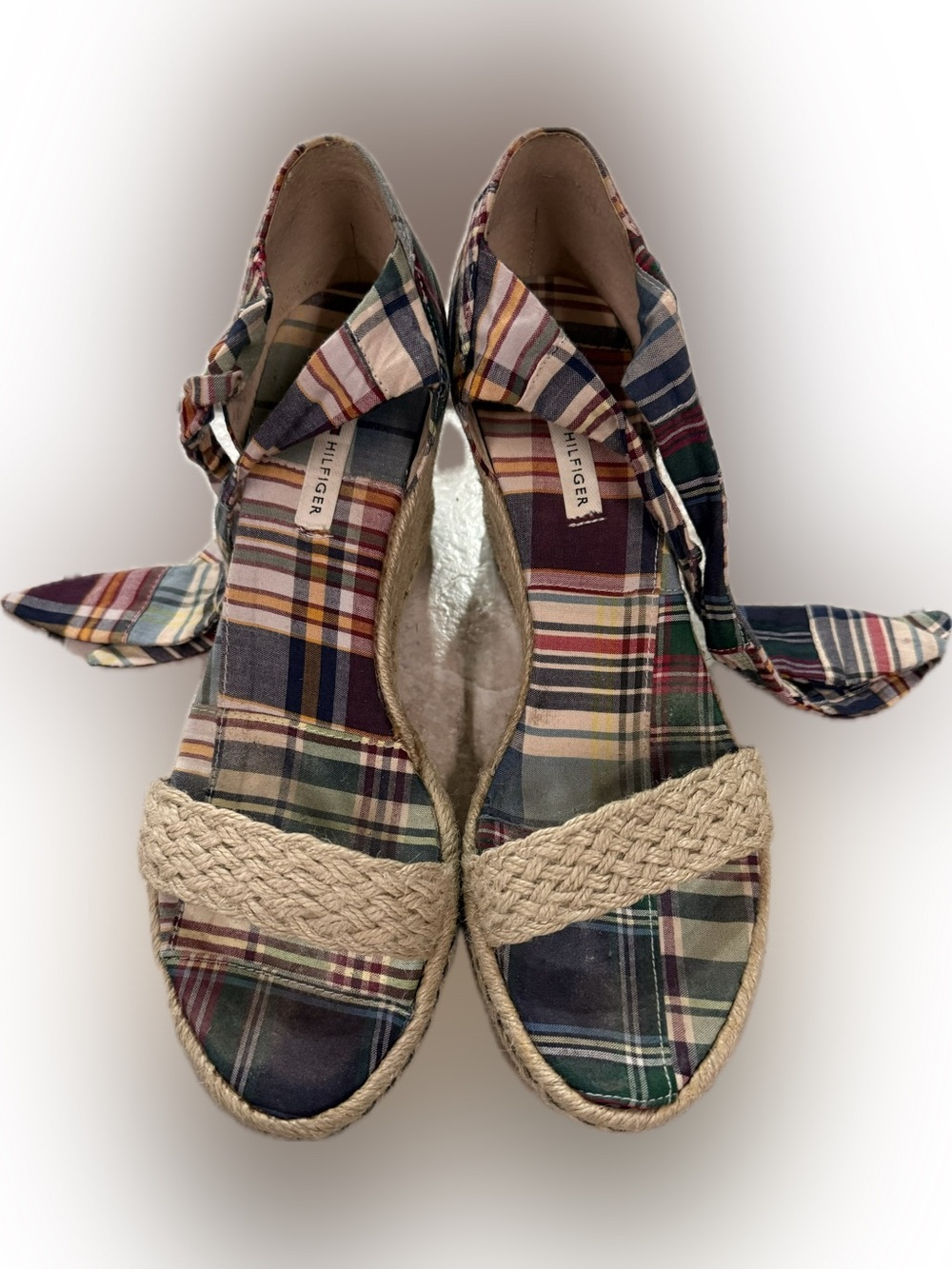 Tommy Hilfiger Plaid Espadrille Wedges in Navy, Green, Burgundy